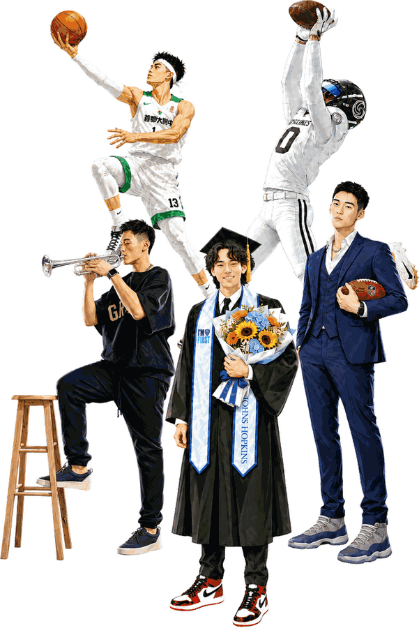 Illustration of Ziwen (Adam) Zhang in five roles: basketball, football, trumpet, Johns Hopkins graduation, and business