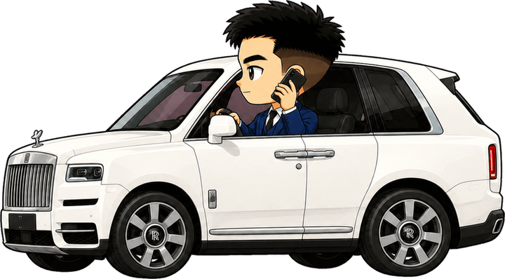 Q-version Adam driving a Rolls-Royce Cullinan